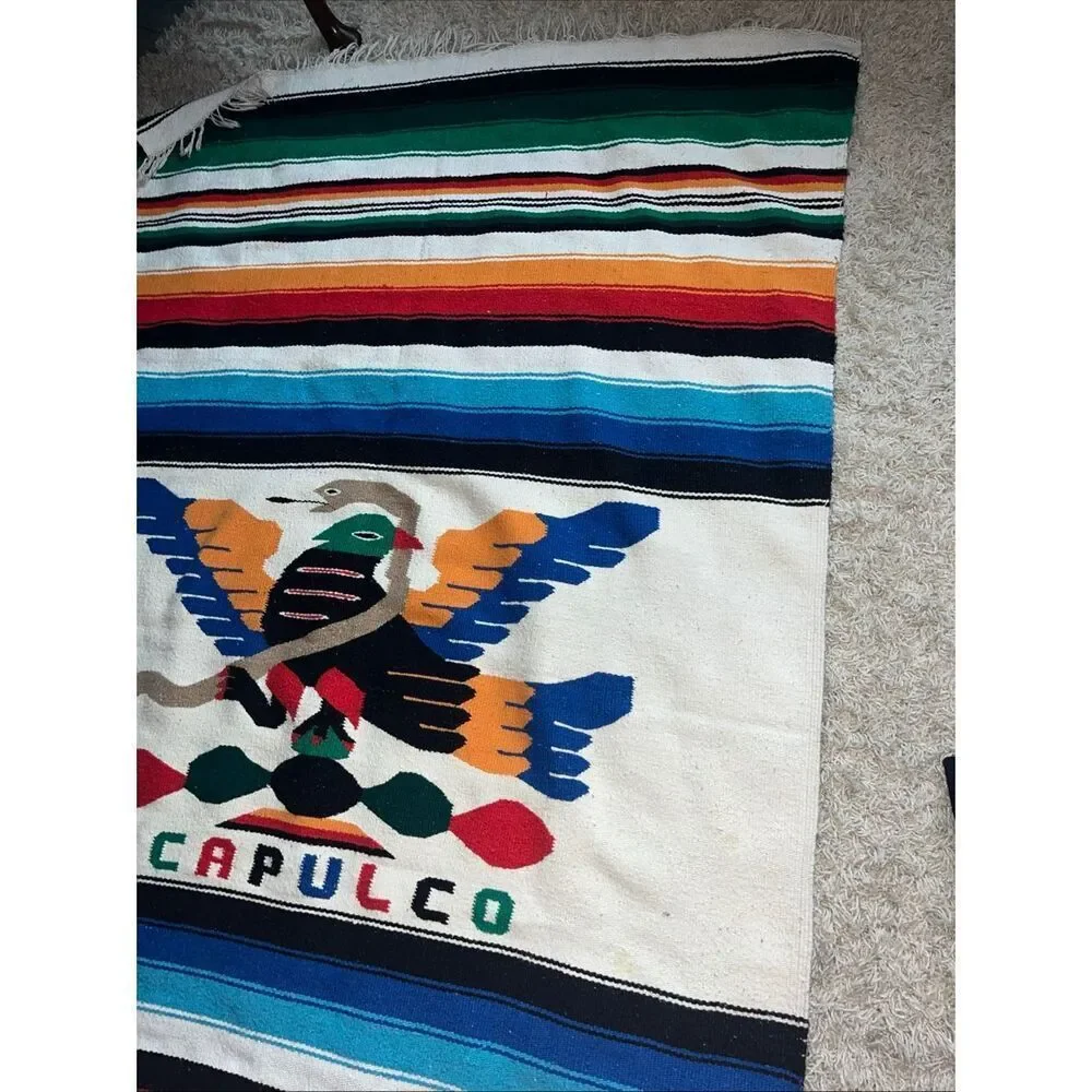 Vintage Mexican Serape Saltillo Woven Blanket Rug 80’/48’ Thunderbird with Snake